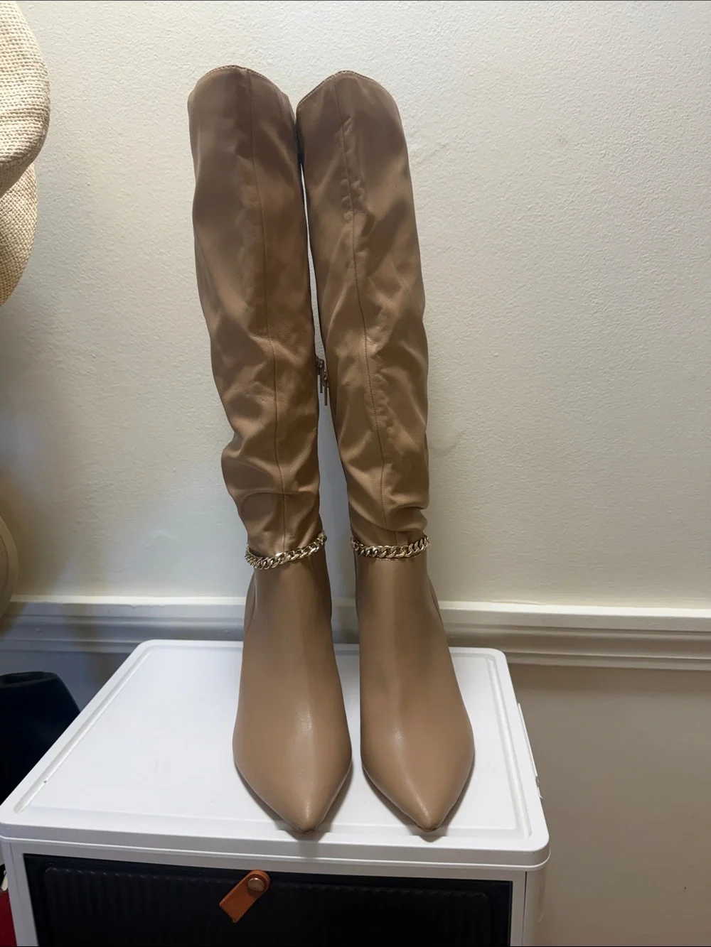 Express Tall Over-the-Knee Boots with Gold Chain Accent in Beige